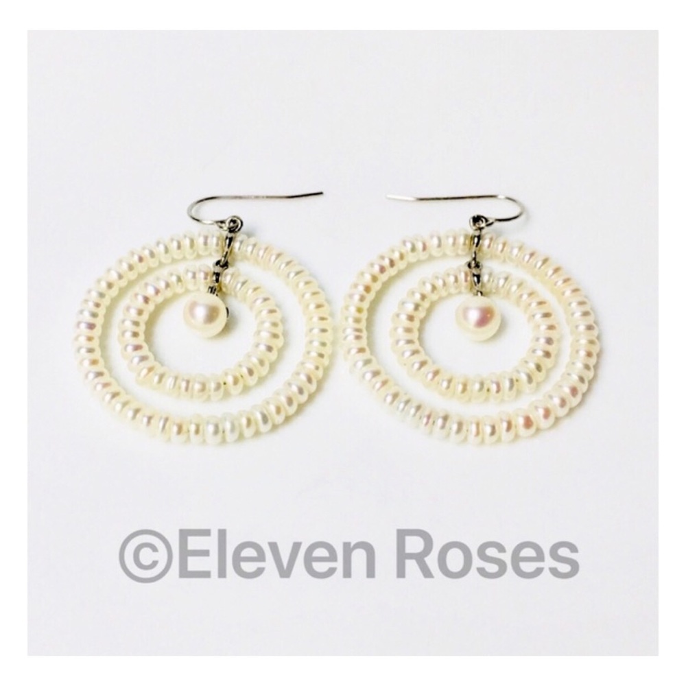 Sterling Pearl Double Circle Hoop Drop Earrings